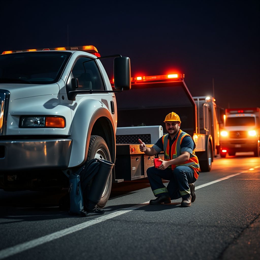 A Snappy Towing technician in uniform, smiling and giving a thumbs-up next to a modern tow truck in a Blue Springs, Missouri, residential area.