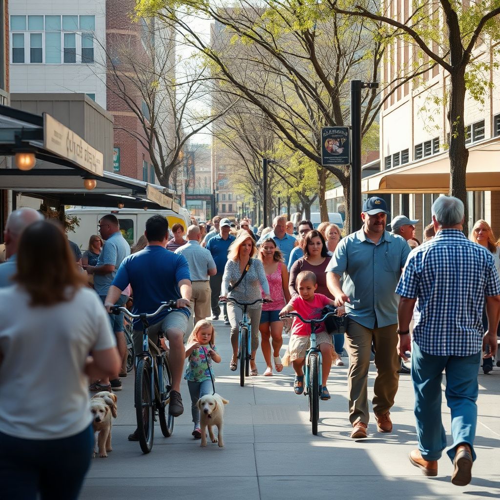 A vibrant street scene in Old Town Lenexa, Kansas, with historic brick buildings and local shops under a clear blue sky, people walking on sidewalks.