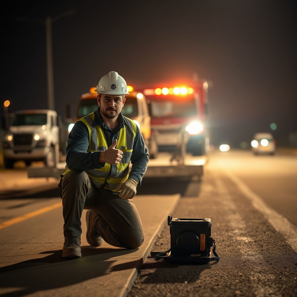 A Snappy Towing technician in uniform, giving a thumbs up next to a tow truck on a clear day in Overland Park, Kansas.