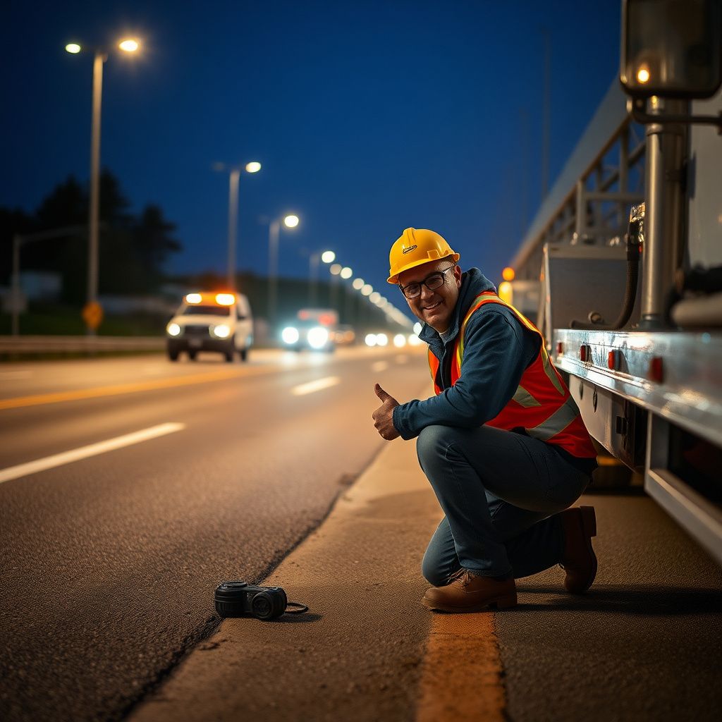 A professional Snappy Towing operator giving a thumbs up next to a well-maintained tow truck in a Lee's Summit industrial park, emphasizing reliability.