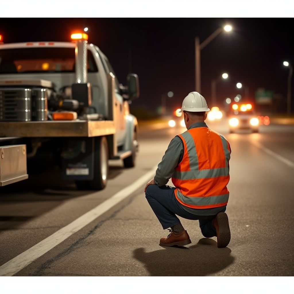 A professional tow truck operator in a high-visibility vest talking to a relieved motorist next to their vehicle on a roadside in Liberty, Missouri.