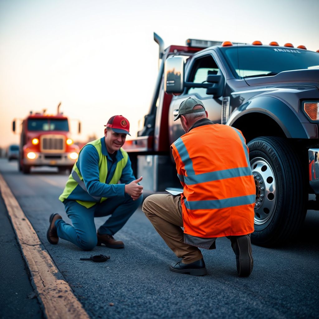 A Snappy Towing technician in uniform, smiling and giving a thumbs up next to a tow truck on a sunny day in Raytown, Missouri.
